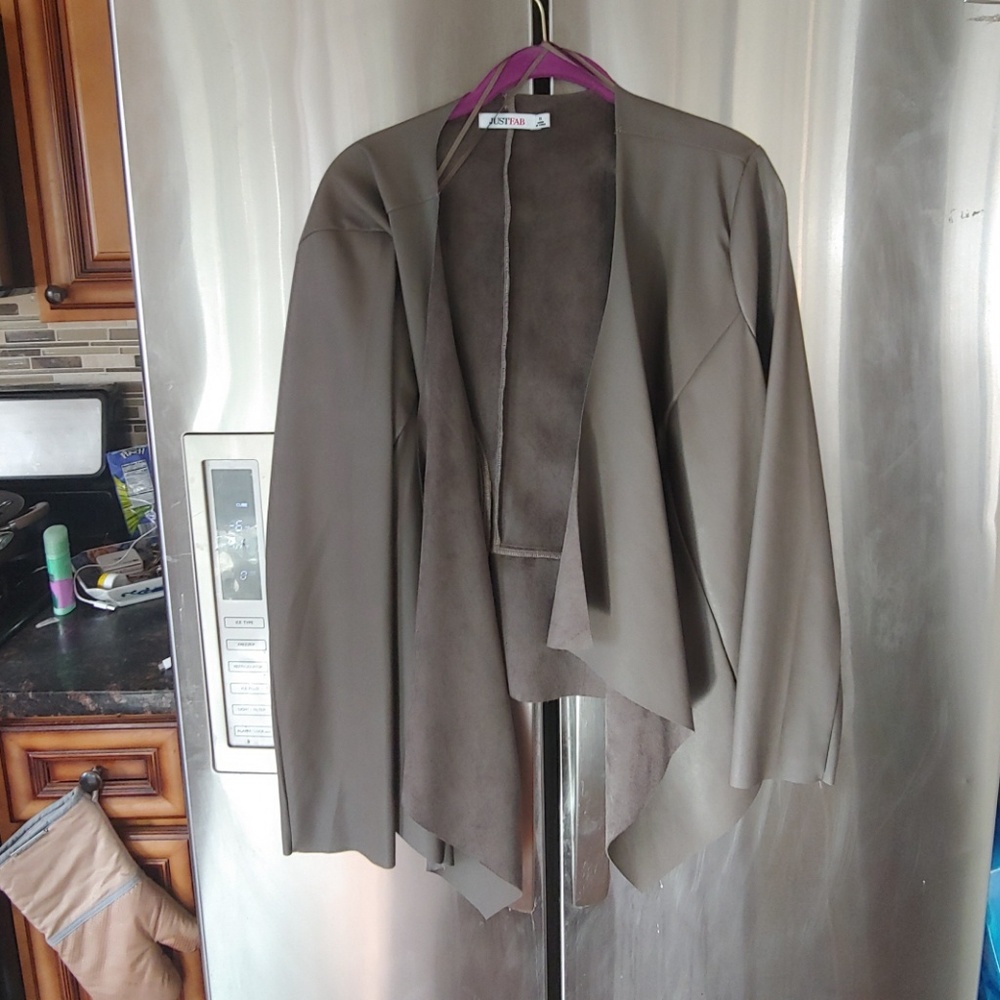 Draped faux leather/suede openfront jacket.